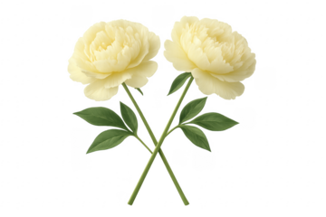 Two Beautiful Yellow Peonies with Crossed Stems on Transparent Background