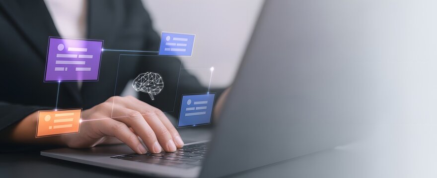 Working on Digital Innovation: The hands of a businessperson typing on a laptop, interacting with holographic augmented reality icons representing innovative digital concepts. Highlighting progress.