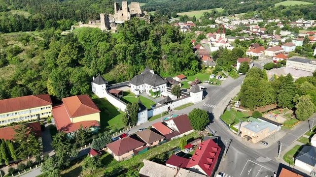 Drone aerial of Zichy Mansion and Div&iacute;n Castle ruins, Slovakia