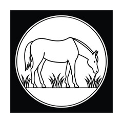 Simple line art horse grazing in grass within a circle field nature
