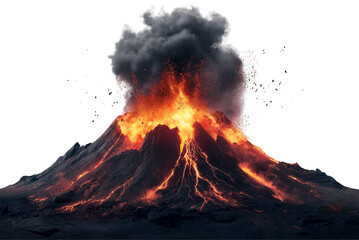 Powerful volcano eruption with glowing lava isolated on transparent. Hot lava and ash smoke volcano explosion PNG