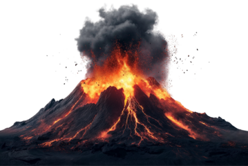 Powerful volcano eruption with glowing lava isolated on transparent. Hot lava and ash smoke volcano explosion PNG