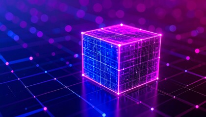 A glowing, vibrant cube, structured with intricate digital network patterns, rests on a gridded surface, bathed in shades of violet and indigo.