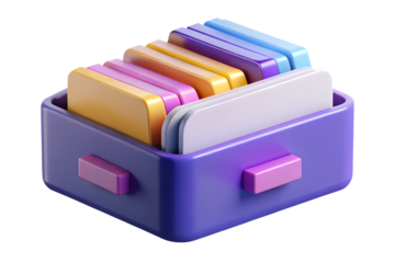 Purple file folder with colorful documents isolated on transparent background