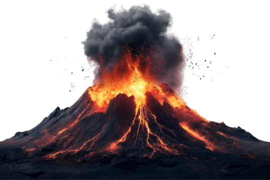 Powerful volcano eruption with glowing lava isolated on transparent. Hot lava and ash smoke volcano explosion PNG
