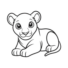 Fototapeta premium A cute lion cub lies its belly looking forward with big eyes animal baby