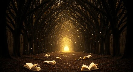 Enchanting Forest Pathway with Open Books and Fairy Lights