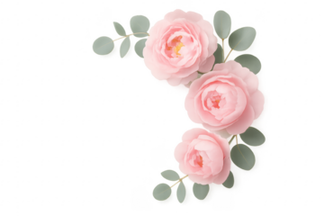 Pink roses and eucalyptus leaves forming a corner arrangement on transparent background