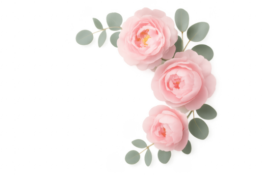 Pink roses and eucalyptus leaves forming a corner arrangement on transparent background
