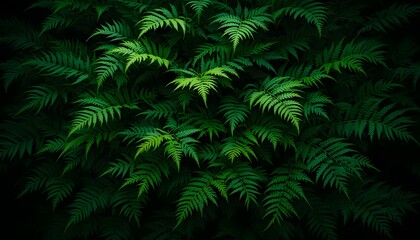 Lush green fern leaves densely layered in a dark, moody forest setting with soft lighting highlighting their texture and form


