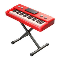 Fototapeta premium Vibrant red modern synthesizer keyboard on a sturdy stand for music production and performance