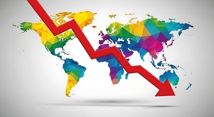 Obraz premium Global Economic Downturn Depicted with Colorful World Map and Red Arrow