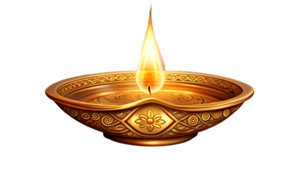 Ornate Golden Diya Oil Lamp on Transparent Background