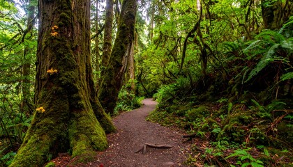 A pathway winds through a lush, mossy forest, filled with vibrant greenery and hints of yellow fungi.