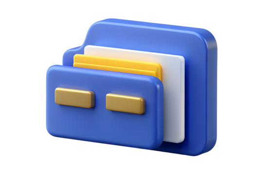 Blue folder with yellow and white document isolated on transparent background