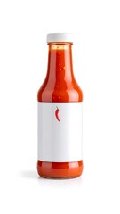 Red sauce bottle, blank label, white cap