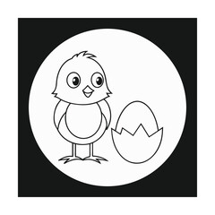 Cute cartoon chick standing next to a cracked egg outline chicken baby