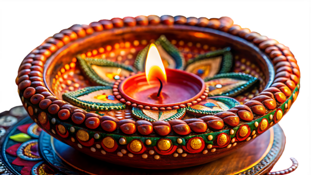 Ornate Diwali Diya Candle on Transparent Background