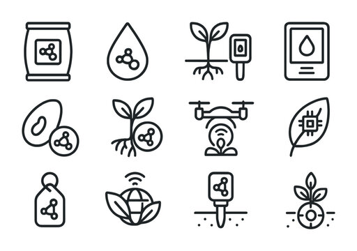 Nanotech Agriculture Icons. Outline icon set of nanotech in agriculture: nano fertilizer, pesticide droplet,