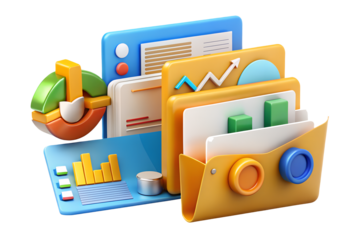 3d render of business data analysis and document folder isolated on white isolated on transparent background