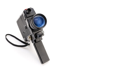 Vintage film movie camera isolated on white background. Cinema background. Copy space