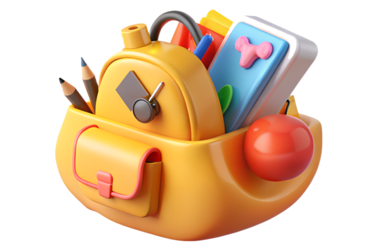 Yellow school backpack with supplies isolated on transparent background - Powered by Adobe