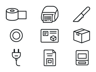 Shipping Label Icon Set. Outline icon set of shipping label printer: label roll, barcode icon, thermal printer