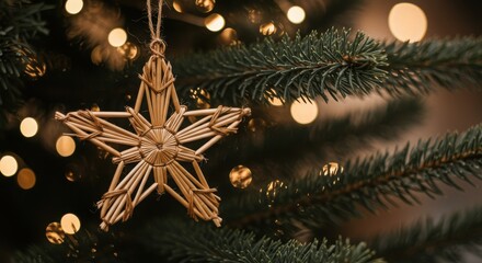 Rustic Straw Star Ornament on a Christmas Tree
