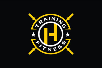 Fototapeta premium H Fitness Training Logo vector with cross rod and circle.