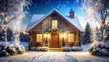 A cozy wooden cabin, adorned with Christmas lights and twinkling snowflakes, sits peacefully in a snowy winter landscape.