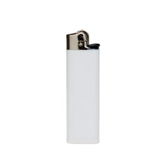 White disposable lighter with metallic ignition mechanism, isolated on a clean white background in white transparent png background cutout


