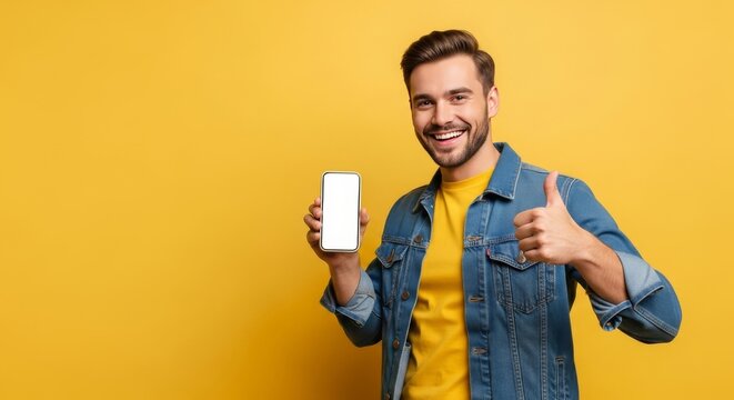 Beaming Young Man Endorses Mobile App, Holding Blank Smartphone and Giving Thumbs Up on Vibrant Yellow Background.