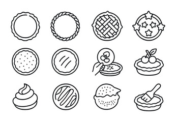 Pie Decoration Icons. Outline icon set of pie decoration techniques: crimped edge, braided crust, lattice
