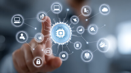 Person touching digital network interface with central processor technology