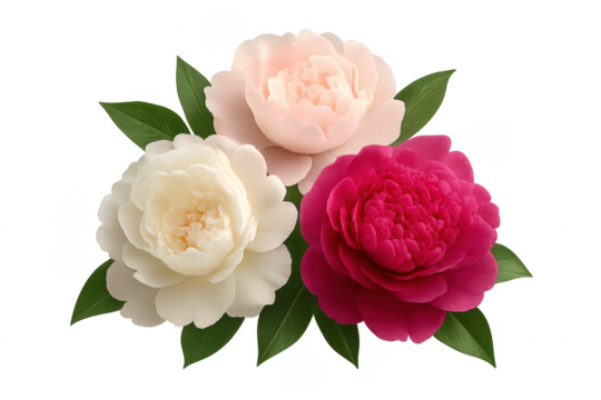 Three colorful peonies blooming on transparent background