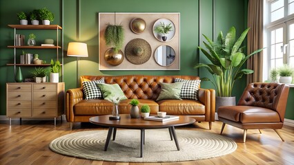 Stylish living room interior with a brown leather tufted sofa and armchair, a round rug, and lush green houseplants against a green wall