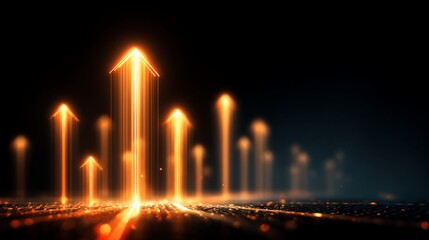 Golden upward arrows glowing on dark background