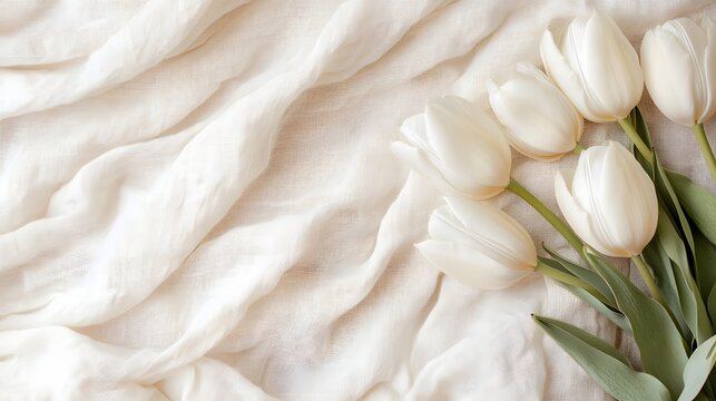 White Tulips on Soft Cream Fabric Background with Elegant Minimal Styling perfect for spring greeting cards, floral branding, wedding design projects and lifestyle blog content