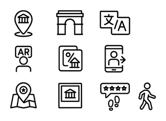 City Exploration Icons. Outline icon set of AR for city exploration: landmark pin, monument icon, translation