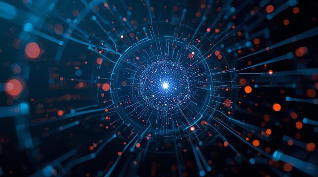 Abstract futuristic data tunnel with glowing blue and red particles, big data visualization, digital network vortex, quantum computing and artificial intelligence technology concept