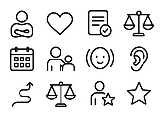 Parenting and Education Icons. Outline icon set of parenting styles: authoritative figure, nurturing heart,