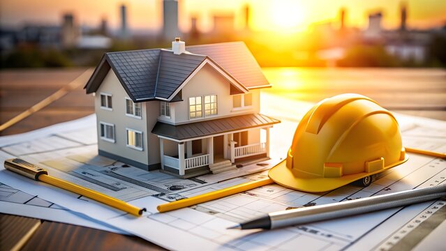 A miniature model of a house sits on architectural blueprints with a yellow hard hat and drawing tools, symbolizing home construction and real estate development during a warm sunset