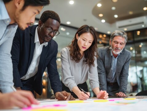 Multiethnic group of businesspeople brainstorming and strategizing in a meeting