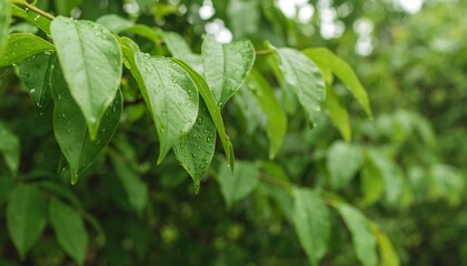 Close-up of lush green leaves glistening with water droplets, showcasing a vibrant spring or summer scene.