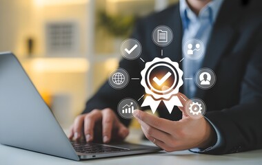 Naklejka premium Quality Assurance and Quality Control: A close-up captures a professional working on a laptop, surrounded by symbols of quality assurance, including a checkmark.