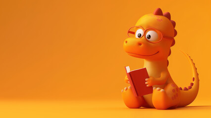 Cute dinosaur reading red book on orange background. Education and study concept.