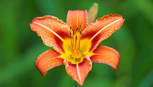 Close-up view of an orange daylily flower with water droplets. - Powered by Adobe