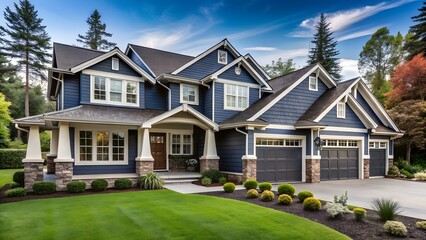 Charming traditional blue house with white trim and multiple garage doors, showcasing meticulous landscaping and a welcoming entrance on a bright, sunny day