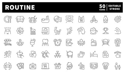Routine related icon set. Routine vector icons in line style. Routine icons set. Lifestyle related icons