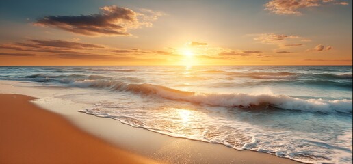 Golden hour sunset over the ocean with gentle waves washing onto the sandy beach. Great for travel blogs, vacation brochures, and nature-themed designs.